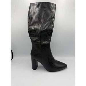 Tall Boots - Black Faux Snakeskin with Block Heel - Size 7